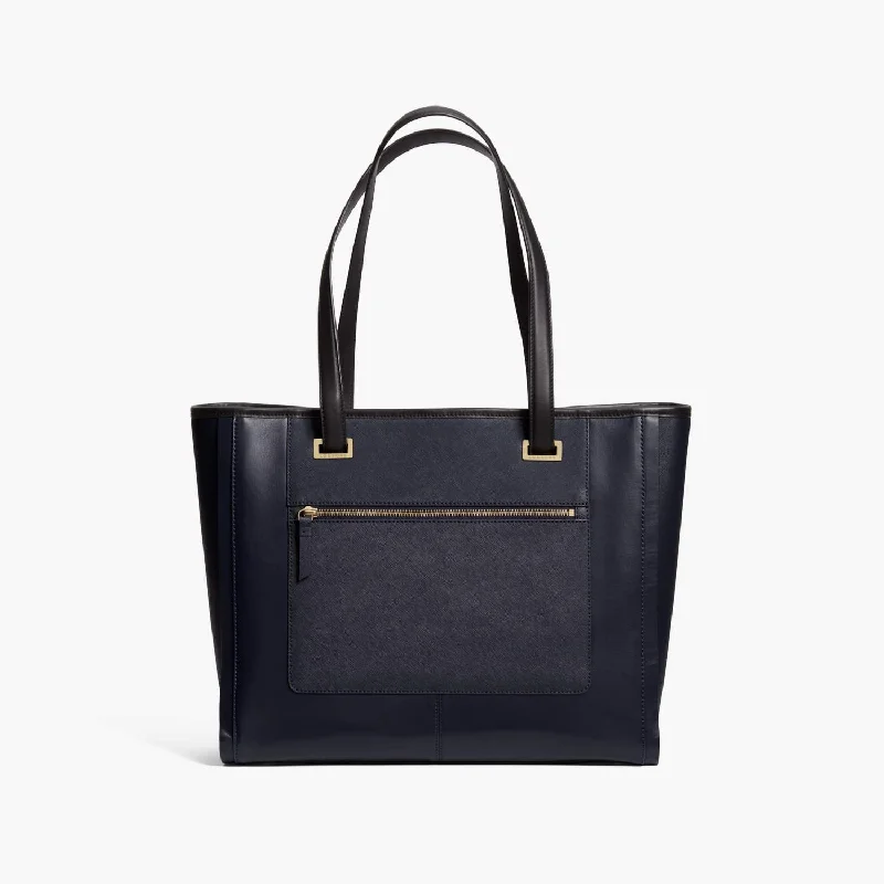 The Seville Prima Tote - Nappa & Saffiano Leather - Deep Navy / Gold / Grey